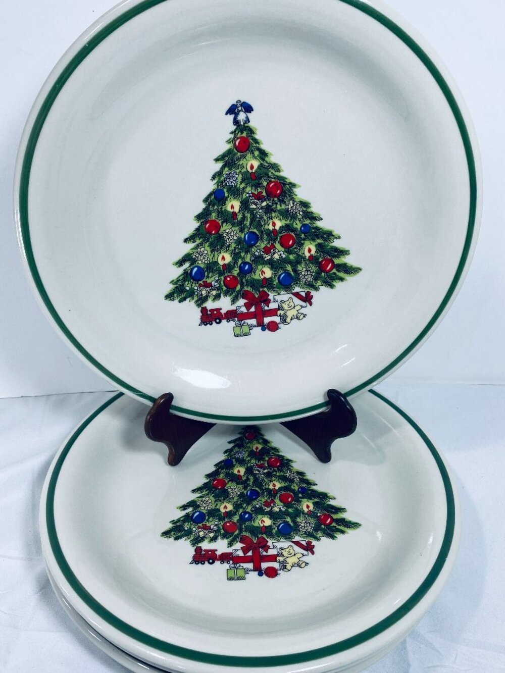 (4) VNTG Christmas Tree Dinner Plates Mount Clemens Pottery MTC1 10.5" MCM EUC